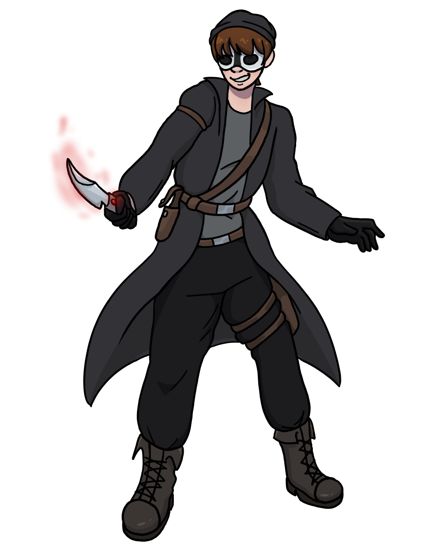 An image of what looks to be a male with brown hair, wearing a white-and-black mask that covers their eyes. They wear a black jacket that flows behind them, decorated in various belts, as well as a black hat. They hold out a white-bladed dagger that glows a bright red.