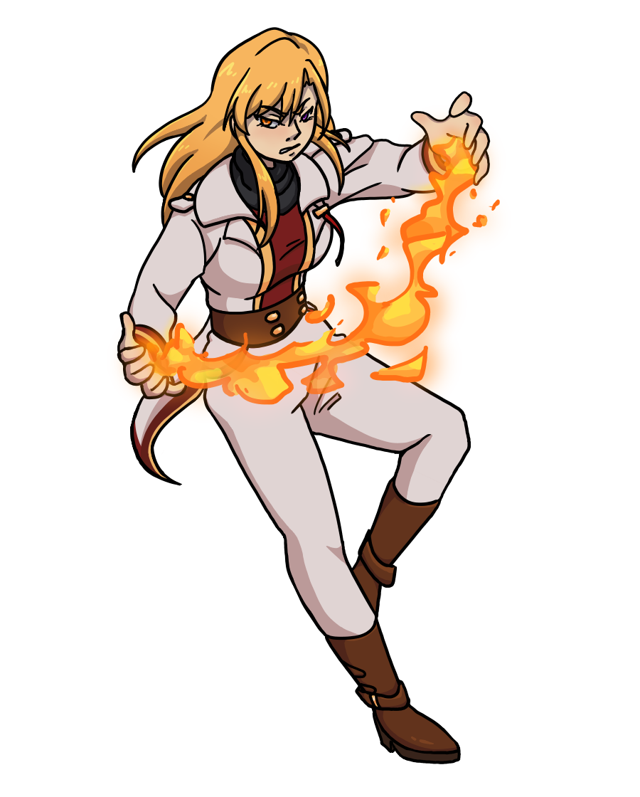 An image of a blonde woman wearing a white uniform. Beneath the gold-accented jacket is a red vest, covering up a black turtleneck. She has heterochromia, with her right eye being orange and her left being purple. She has a serious expression, magically creating a line of fire between the both of her hands, as if ready to set something ablaze.