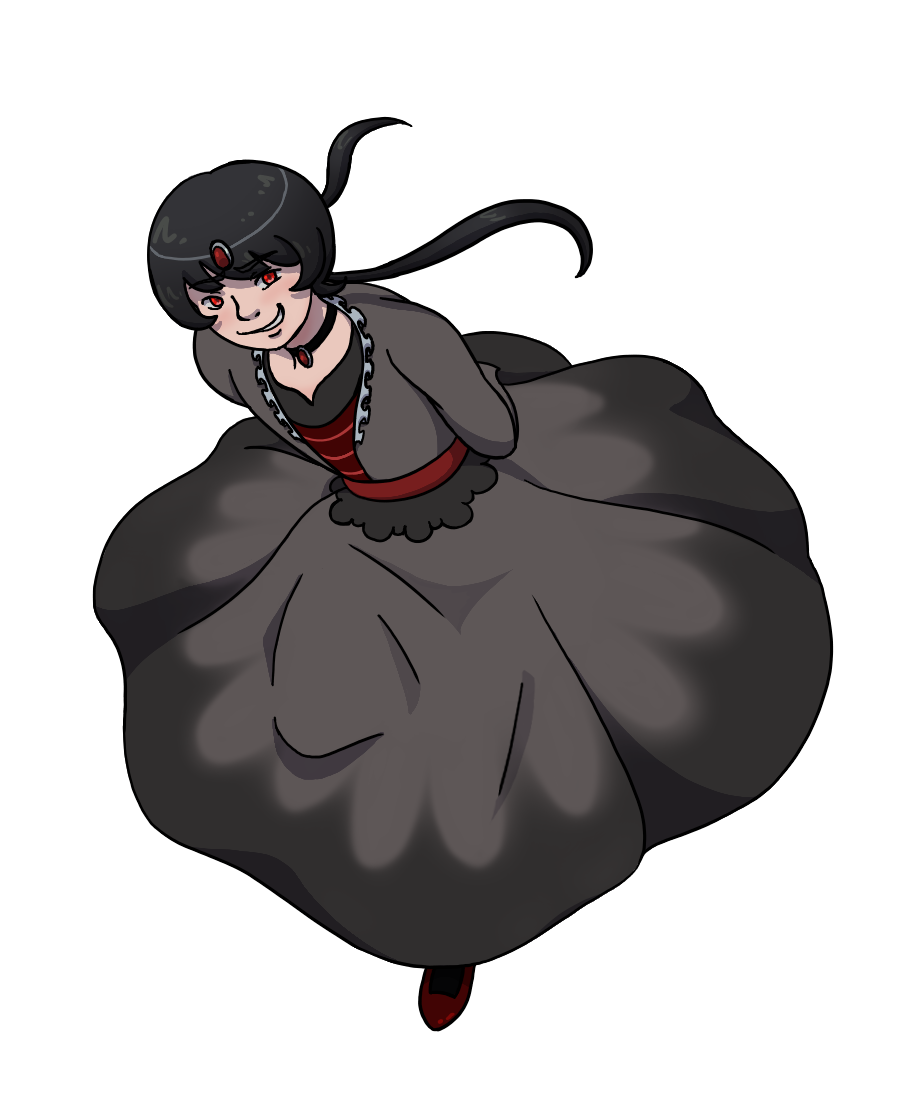 An image of a woman with her arms behind her back, head tilted towards the camera. A mischevous smile crosses her face, reaching her red eyes. Her black hair ends with long, thin pigtails that float behind her. A simple headress dons her head, with a red gem in the center. She wears a grey dress that fades to a darker shade, the fabric magically flowing around her. A red shoe peeks out from beneath the fabric. Her dress is accented with a red belt and black lace, her bodice lined with a white ribbon. She also wears a black choker with another red gem adorning it.