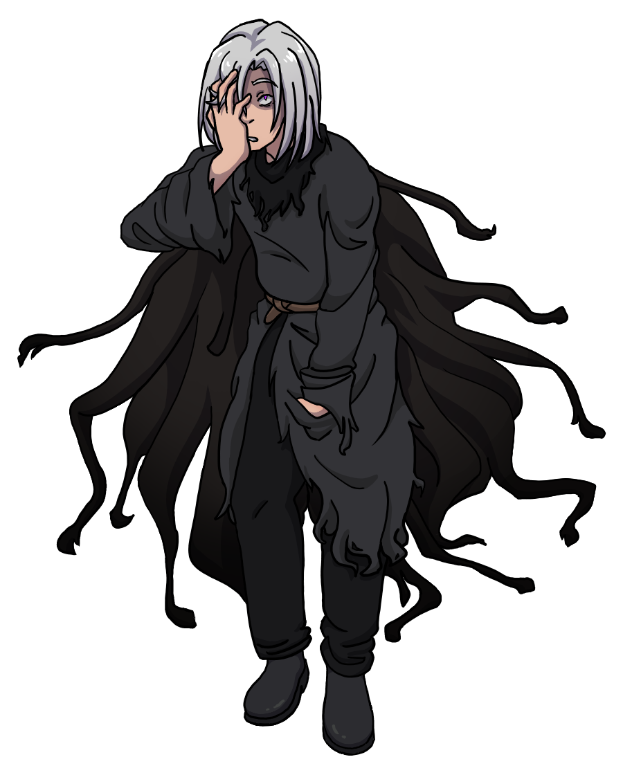 An image of a man with shoulder-length white hair. A hand is pressed to the right side of his face, with a shadow cast over his magenta eyes as he looks up at the camera. He is dressed in a black tattered cloak, with a matching black bandana around his neck. A black cape wisps behind him, ending in ragged edges.