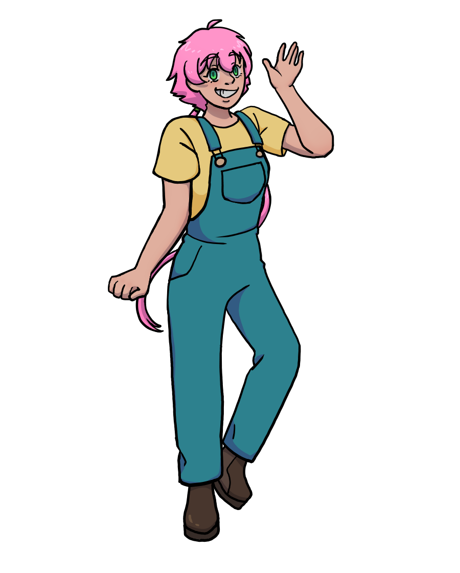 An image of a pink-haired woman wearing blue overalls and a yellow t-shirt. She has bright green eyes as he cheerfully waves toward the camera. Her hair poofs up in the back, before turning into a long, thin ponytail.